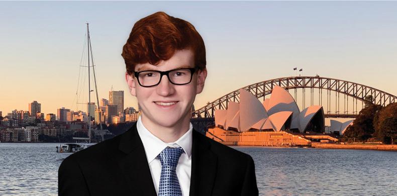 Connor McCormick '25 with the Sydney Opera House and Sydney Bridge in the background.